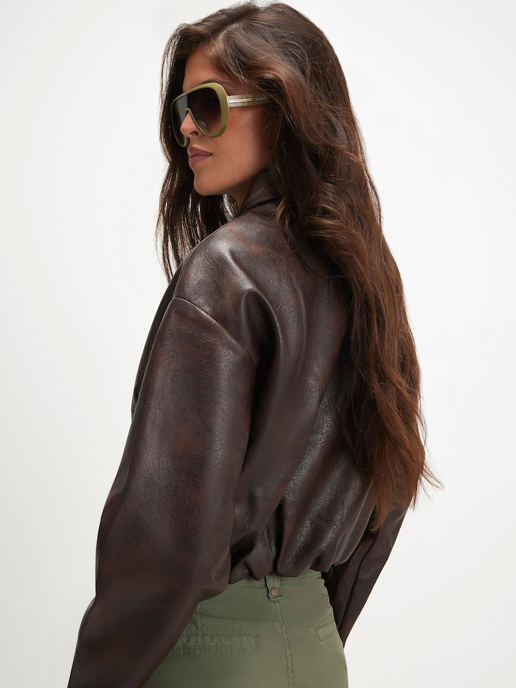 River Island Brown Washed Faux Leather Bomber Jacket - Image 4 of 4 River Island Brown Washed Faux Leather Bomber Jacket - Image 4 of 4
