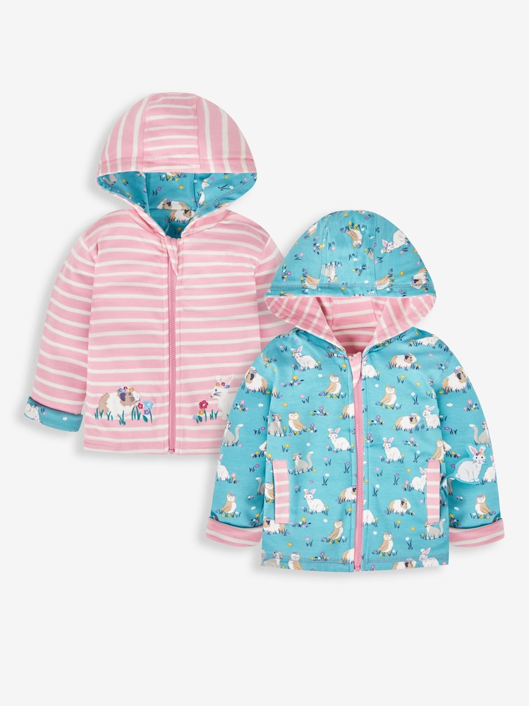 JoJo Maman Bébé Pink Animal Friends Appliqué Reversible Hoodie With Pet In Pocket - Image 1 of 7