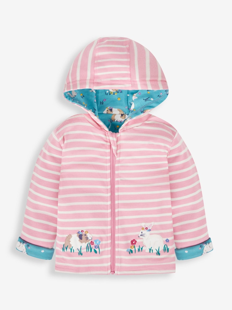JoJo Maman Bébé Pink Animal Friends Appliqué Reversible Hoodie With Pet In Pocket - Image 2 of 7