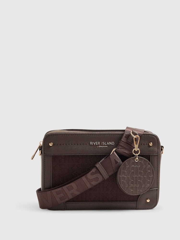 River Island Brown RR Monogram Boxy Cross-Body Bag - Image 1 of 5 River Island Brown RR Monogram Boxy Cross-Body Bag - Image 1 of 5