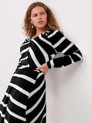 Monochrome Long Sleeve Ruched Midi Dress - Image 1 of 6