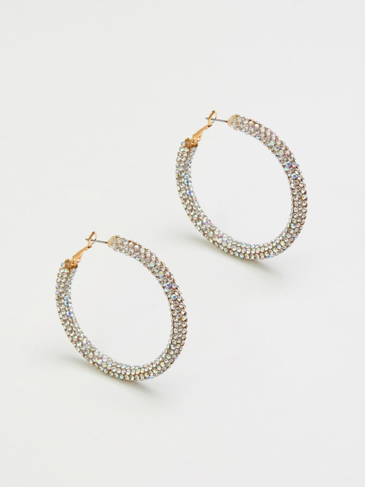 Mood Gold Tone Crystal Aurora Borealis Diamante Tube Hoop Earrings - Image 1 of 3 Mood Gold Tone Crystal Aurora Borealis Diamante Tube Hoop Earrings - Image 1 of 3