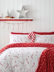 Catherine Lansfield White Christmas Candy Cane Reversible Duvet Cover Set - Image 1 of 4