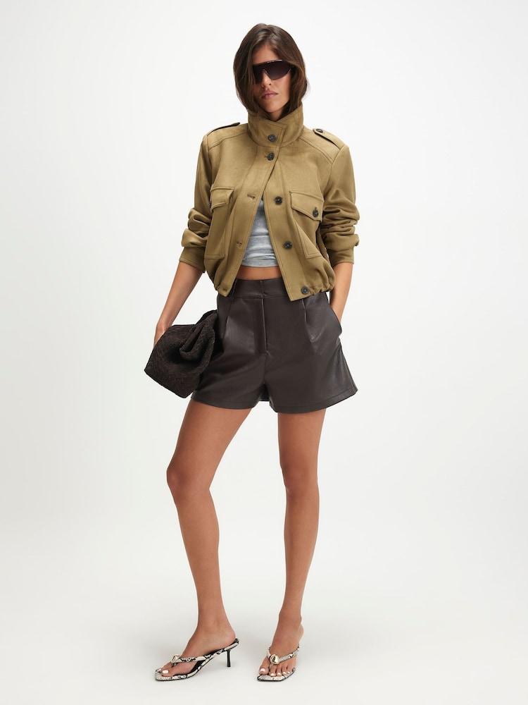 River Island Green Faux Suede Funnel Neck Bomber Jacket - Image 1 of 4 River Island Green Faux Suede Funnel Neck Bomber Jacket - Image 1 of 4