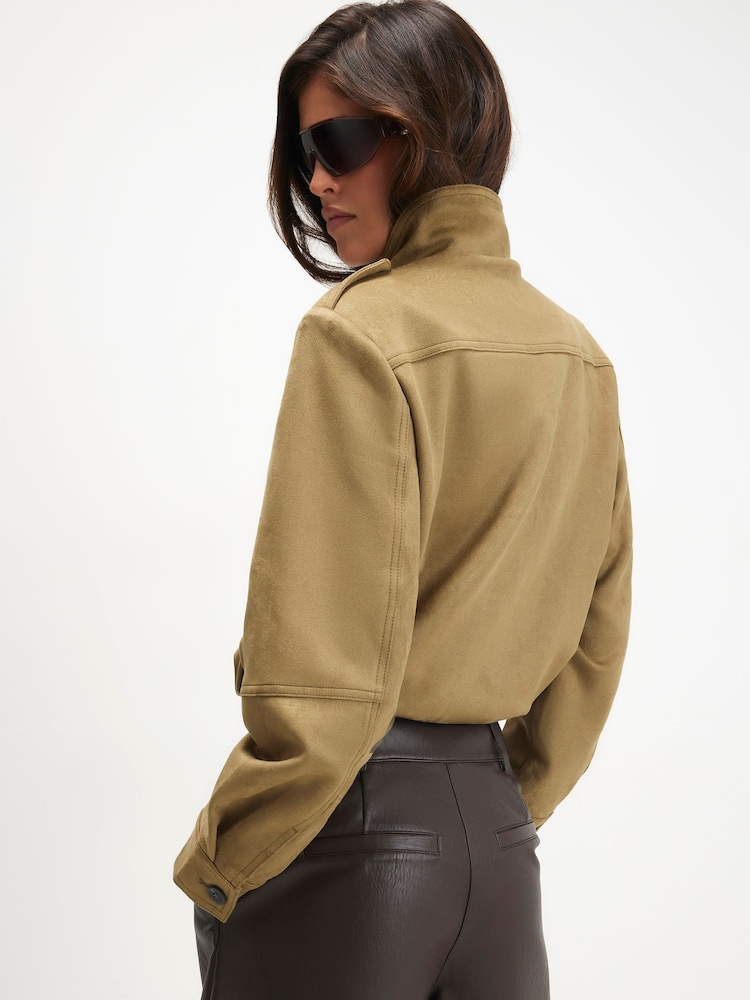 River Island Green Faux Suede Funnel Neck Bomber Jacket - Image 2 of 4 River Island Green Faux Suede Funnel Neck Bomber Jacket - Image 2 of 4