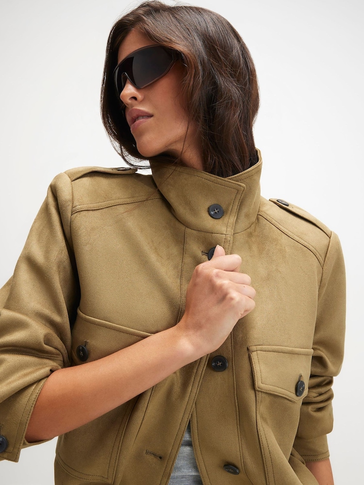 River Island Green Faux Suede Funnel Neck Bomber Jacket - Image 4 of 4 River Island Green Faux Suede Funnel Neck Bomber Jacket - Image 4 of 4