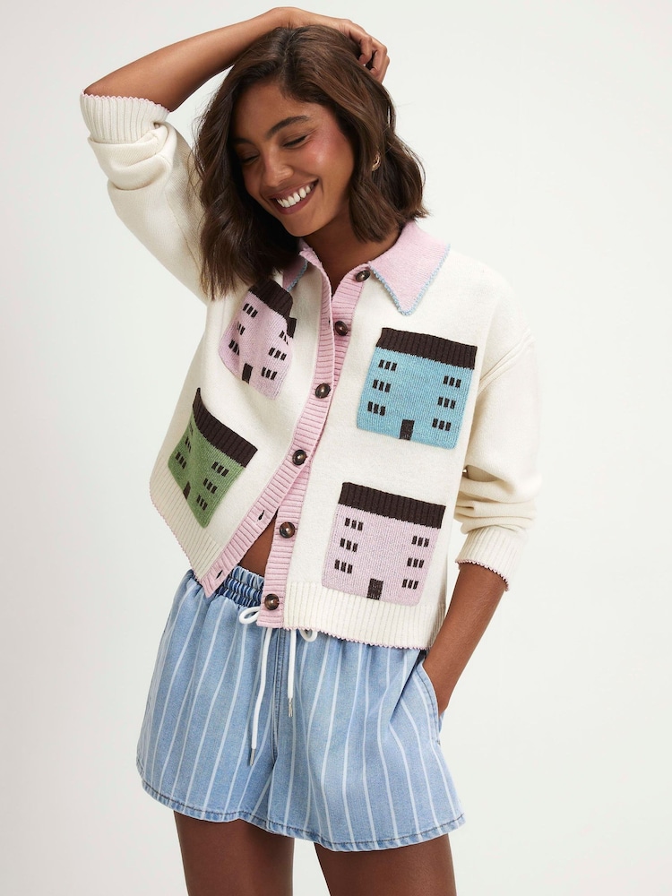 River Island Cream Multi House Collar Cardigan - Image 1 of 4 River Island Cream Multi House Collar Cardigan - Image 1 of 4