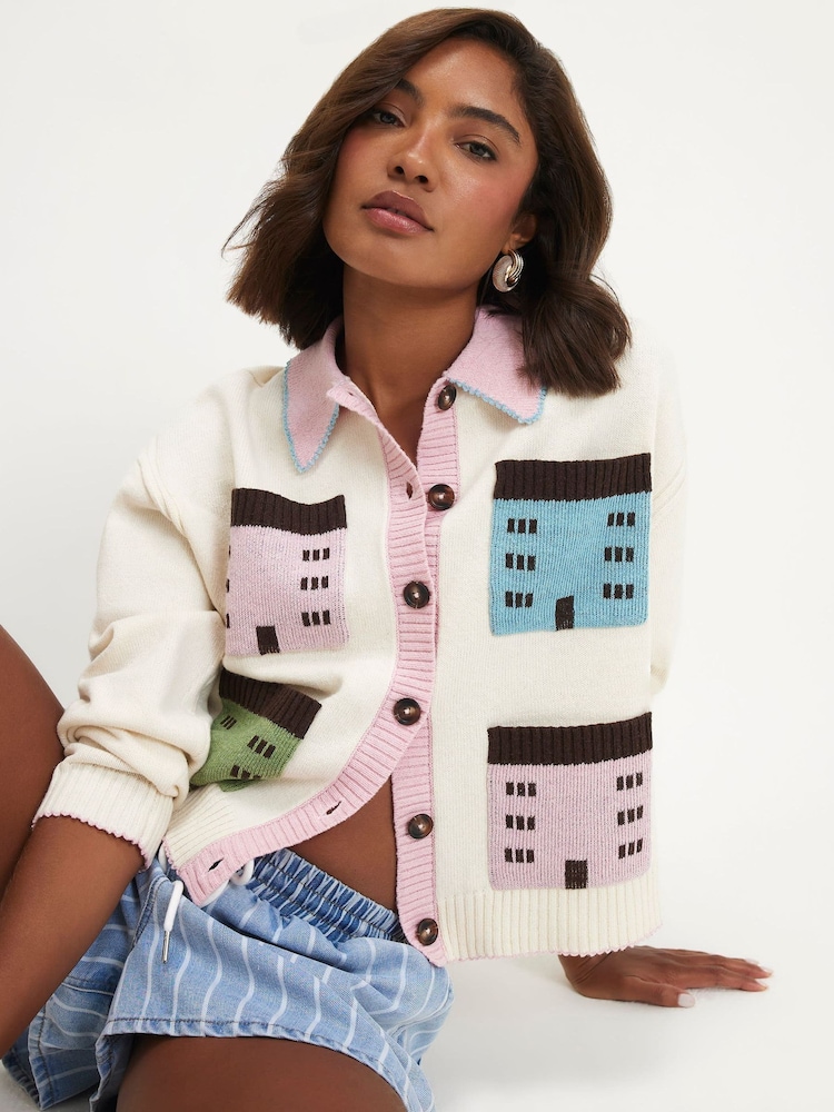 River Island Cream Multi House Collar Cardigan - Image 2 of 4 River Island Cream Multi House Collar Cardigan - Image 2 of 4