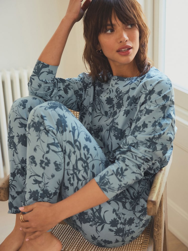Blue Floral Long Sleeve 100% Cotton Pyjamas - Image 1 of 10