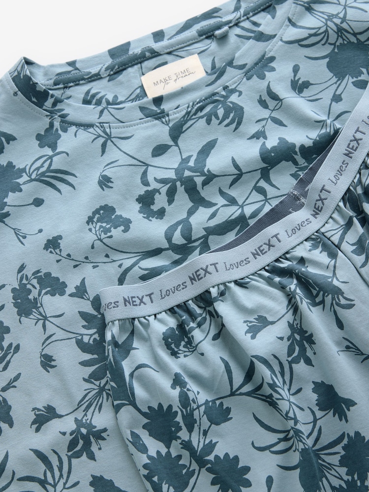 Blue Floral Long Sleeve 100% Cotton Pyjamas - Image 10 of 10