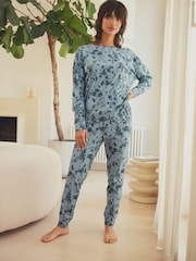 Blue Floral Long Sleeve 100% Cotton Pyjamas - Image 2 of 10