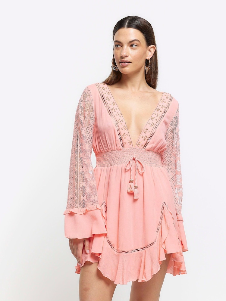 River Island Pink Angel Sleeve Frill Mini Dress - Image 1 of 4
