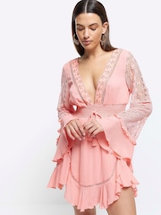 River Island Pink Angel Sleeve Frill Mini Dress - Image 3 of 4