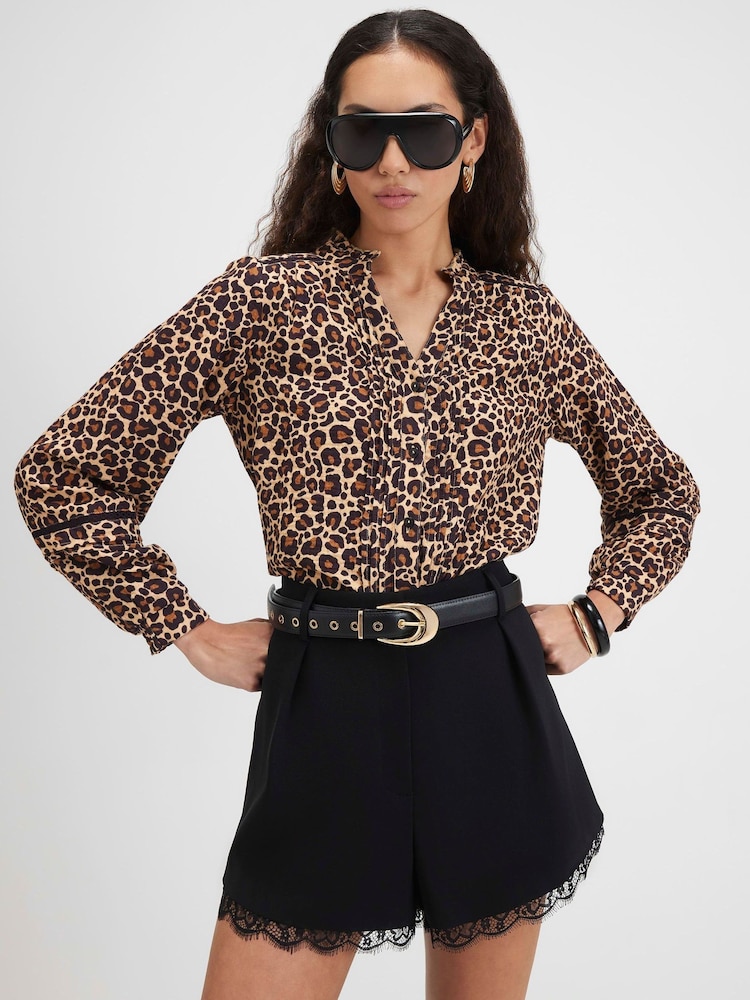 River Island Brown Cotton Leopard Pintuck Blouse - Image 2 of 4 River Island Brown Cotton Leopard Pintuck Blouse - Image 2 of 4