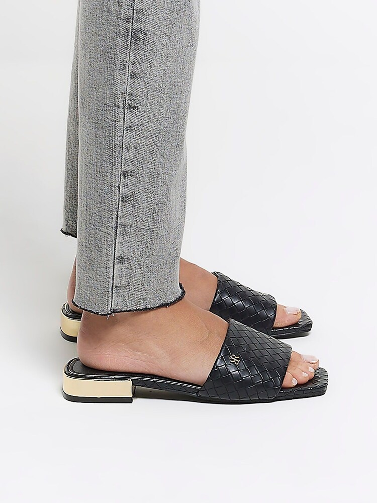 River Island Black Wide Fit Woven Mule Flat Sandals - Image 1 of 5