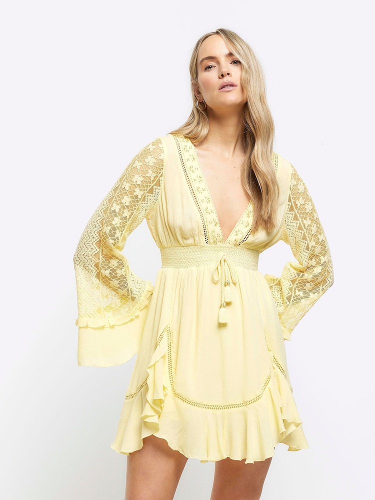 River Island Yellow Angel Sleeve Frill Mini Dress - Image 1 of 4 River Island Yellow Angel Sleeve Frill Mini Dress - Image 1 of 4