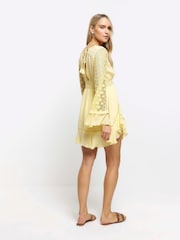 River Island Yellow Angel Sleeve Frill Mini Dress - Image 2 of 4