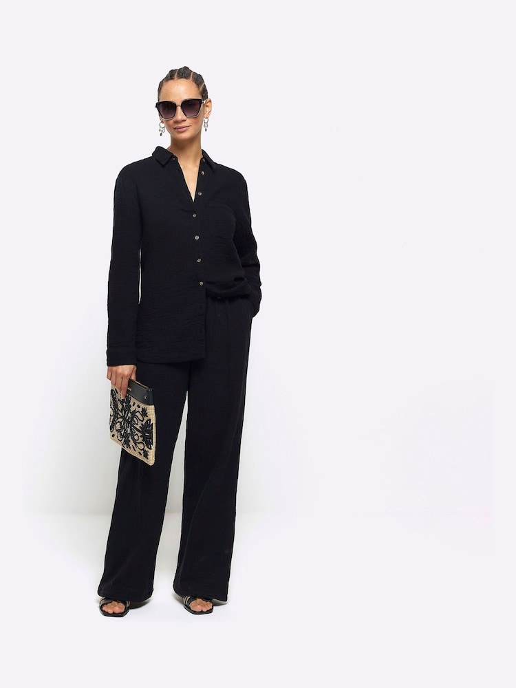 River Island Black Linen Feel 100% Cotton Trousers - Image 1 of 4