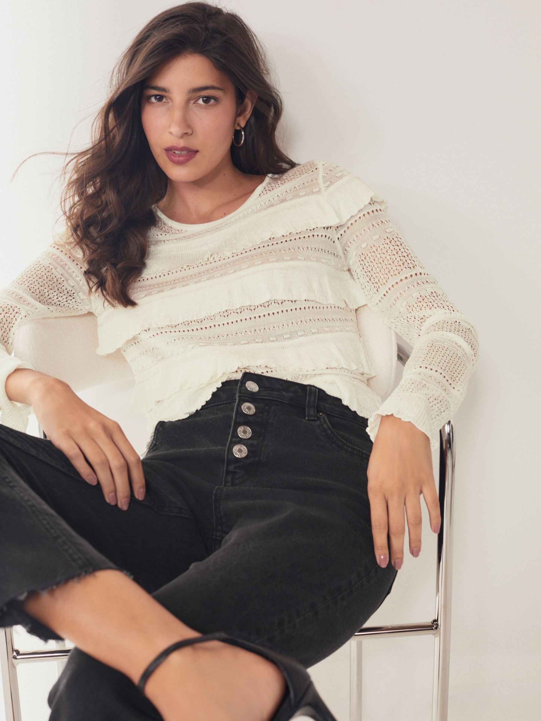 Buy Ecru White Pointelle Frill Jumper from Next Luxembourg