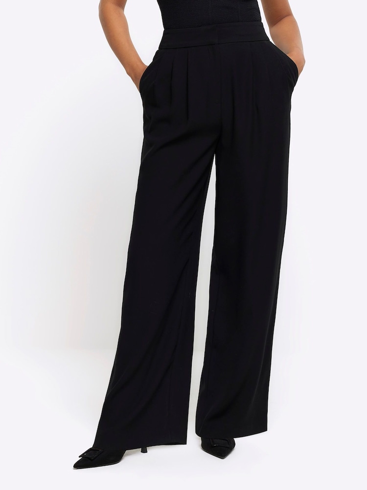River Island Black Triple Pleat Wide Leg Trousers - Image 1 of 6