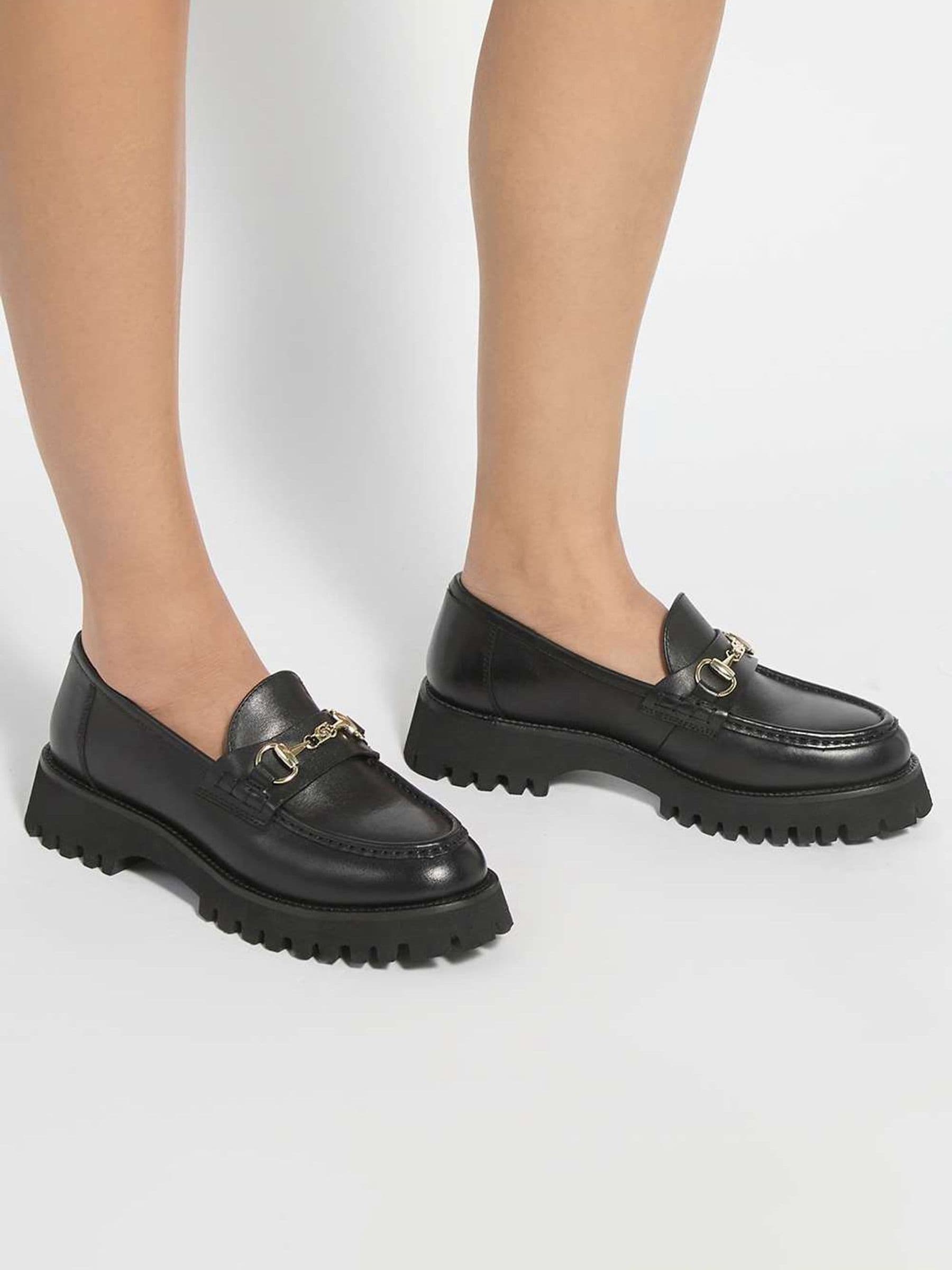 Dune London Women's Black Wide Fit 'Grissini' Leather Loafers In Size 8 - Image 1