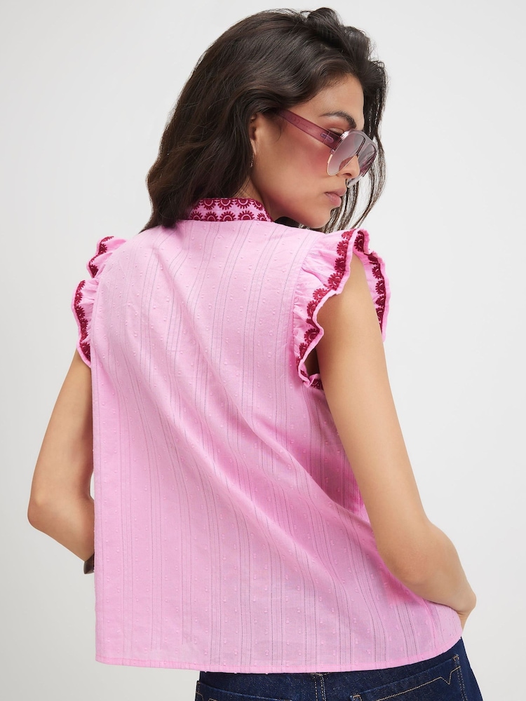River Island Pink Cotton Ruffle Embroidered Blouse - Image 2 of 3 River Island Pink Cotton Ruffle Embroidered Blouse - Image 2 of 3