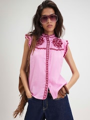 River Island Pink Cotton Ruffle Embroidered Blouse - Image 3 of 3