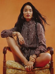 River Island Brown Stripe Embroidered Belted Shirt - Image 1 of 4