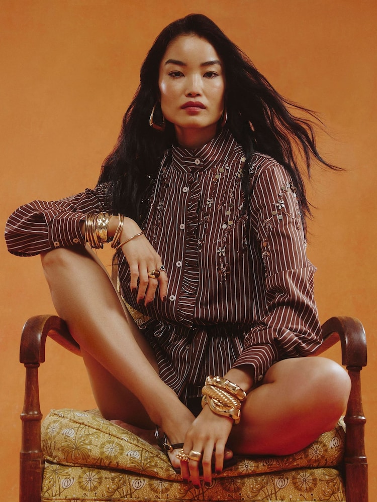 River Island Brown Stripe Embroidered Belted Shirt - Image 1 of 4 River Island Brown Stripe Embroidered Belted Shirt - Image 1 of 4