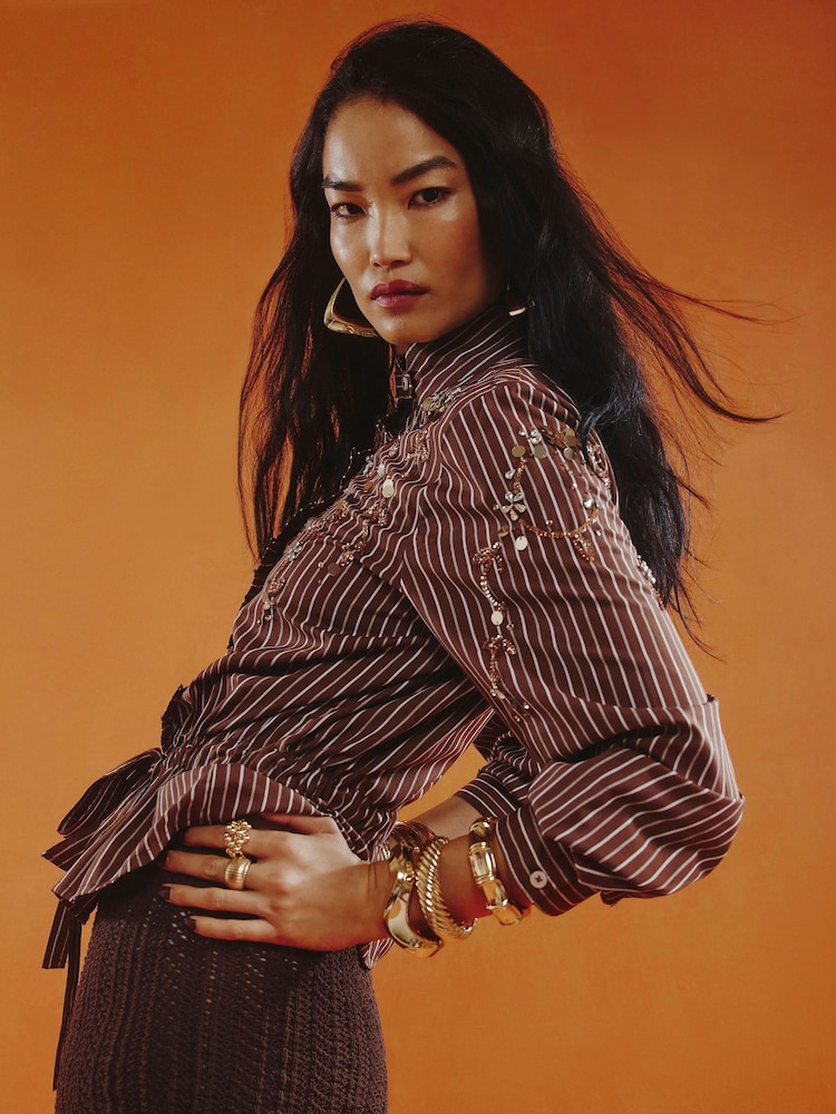 River Island Brown Stripe Embroidered Belted Shirt - Image 2 of 4 River Island Brown Stripe Embroidered Belted Shirt - Image 2 of 4