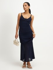 River Island Blue Sleeveless Lace Trim Drape Midi Dress - Image 1 of 4