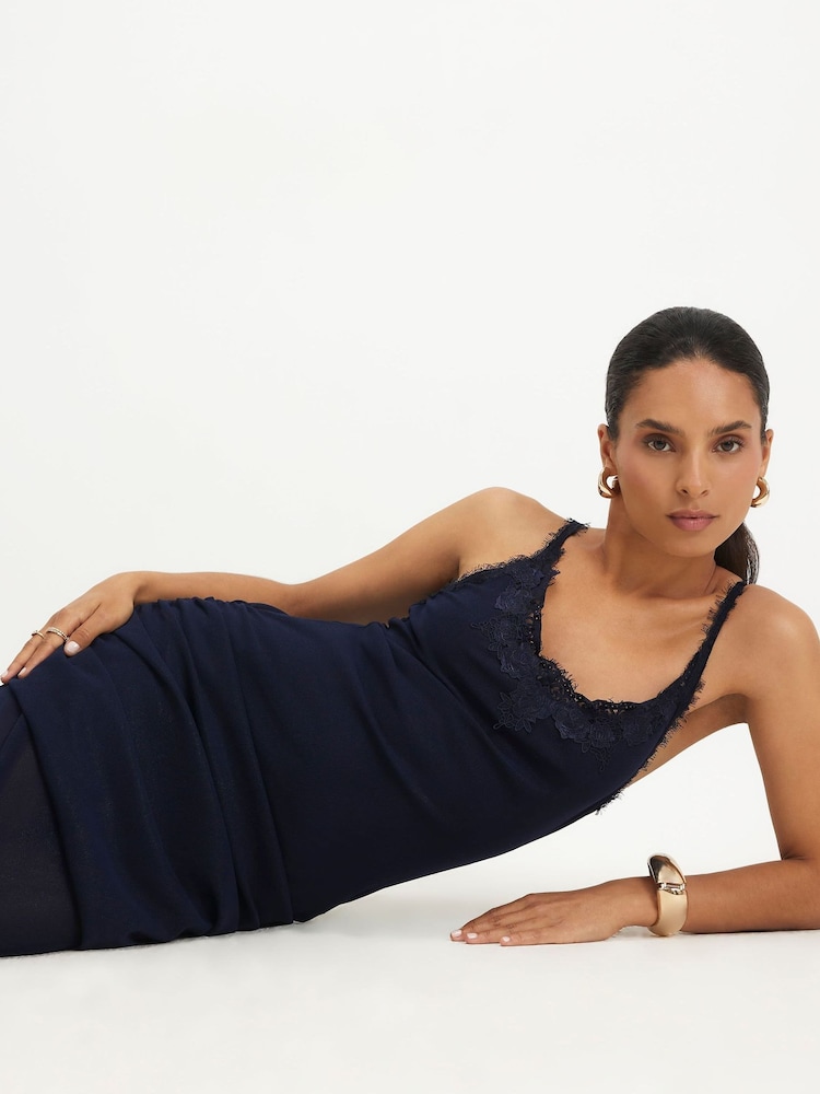 River Island Blue Sleeveless Lace Trim Drape Midi Dress - Image 2 of 4 River Island Blue Sleeveless Lace Trim Drape Midi Dress - Image 2 of 4