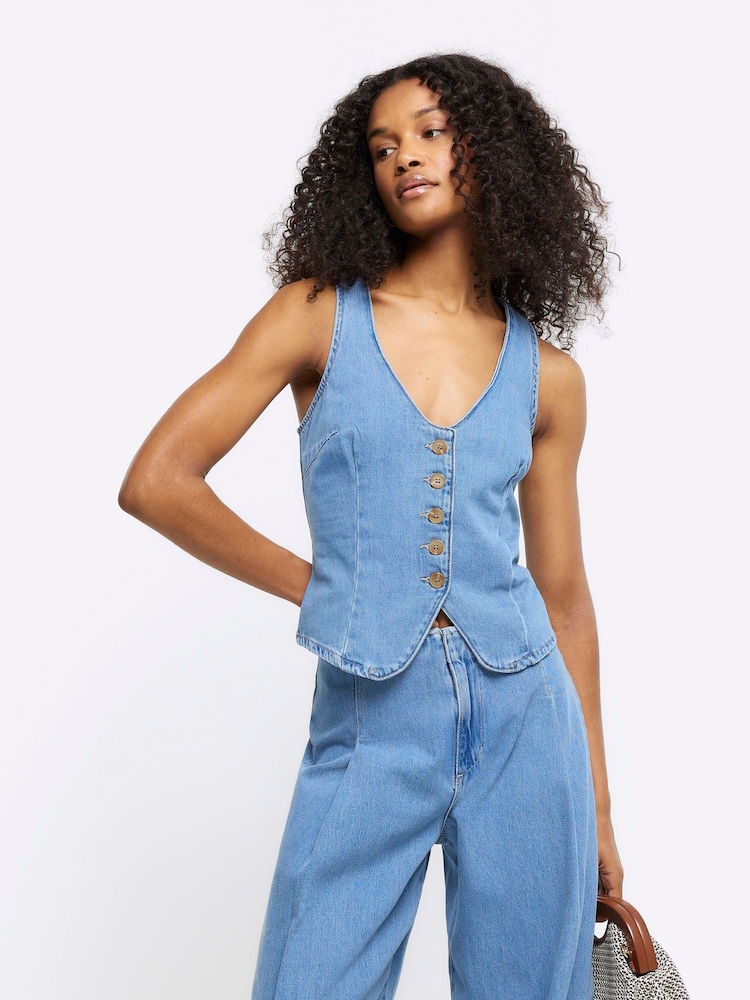 River Island Blue Denim Button Front Waistcoat - Image 1 of 5 River Island Blue Denim Button Front Waistcoat - Image 1 of 5