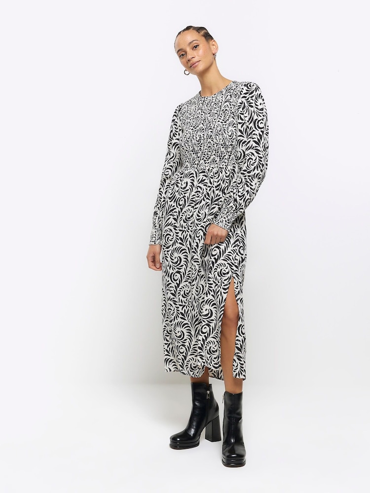 River Island Black Shirred Bodice Midi Dress - Image 1 of 4