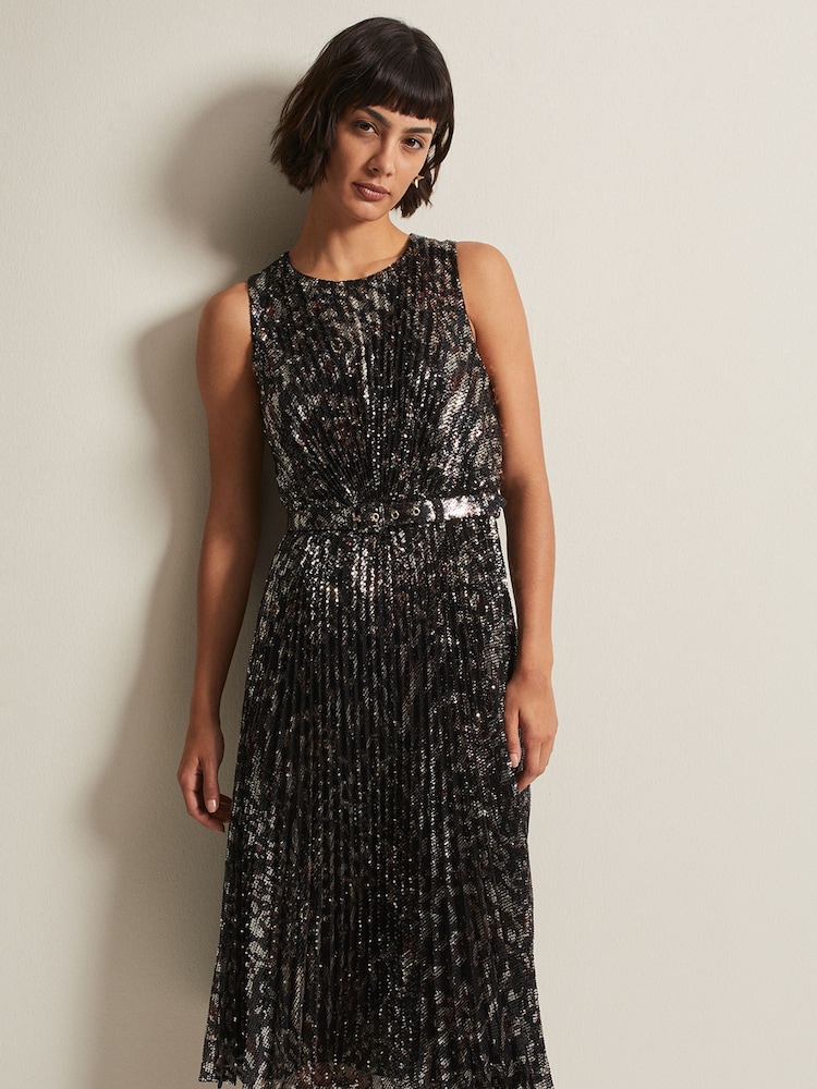 Phase Eight Black Multi Simara Leopard Sequin Pleated Midi Dress - Image 1 of 6