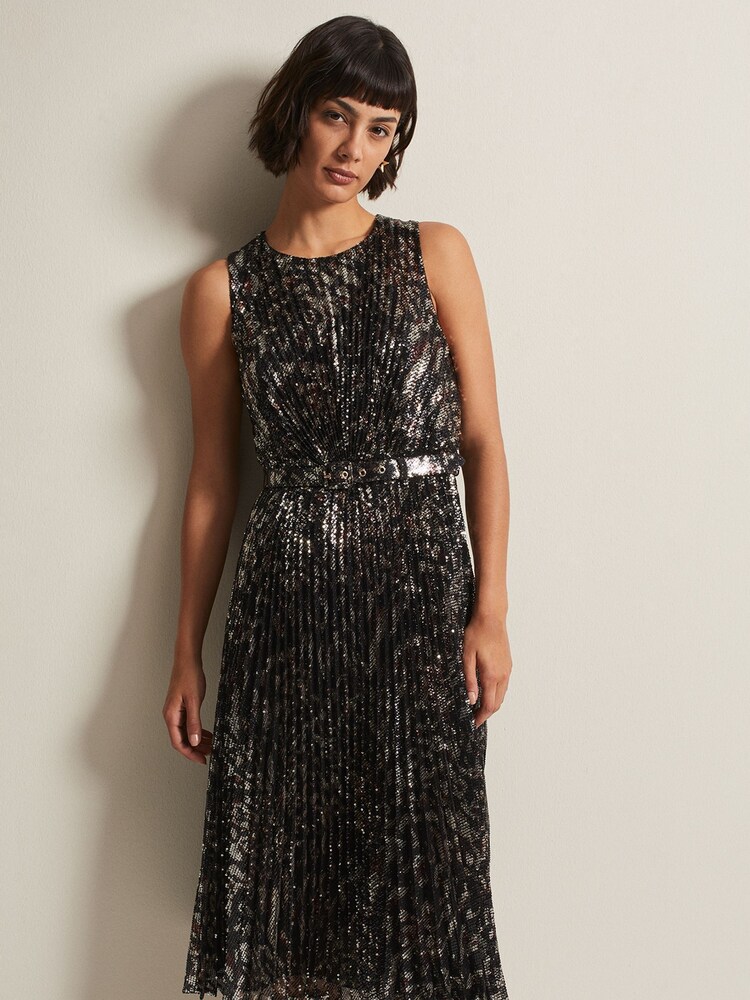 Phase Eight Black Multi Simara Leopard Sequin Pleated Midi Dress - Image 1 of 6 Phase Eight Black Multi Simara Leopard Sequin Pleated Midi Dress - Image 1 of 6