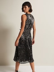 Phase Eight Black Multi Simara Leopard Sequin Pleated Midi Dress - Image 2 of 6