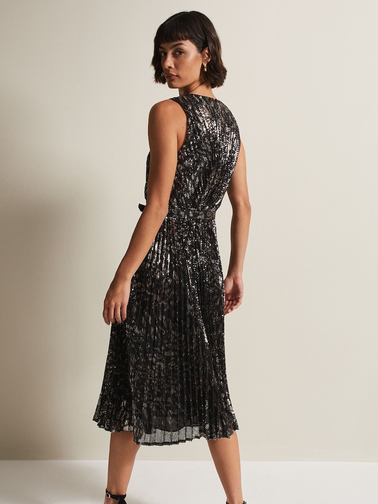 Phase Eight Black Multi Simara Leopard Sequin Pleated Midi Dress - Image 2 of 6