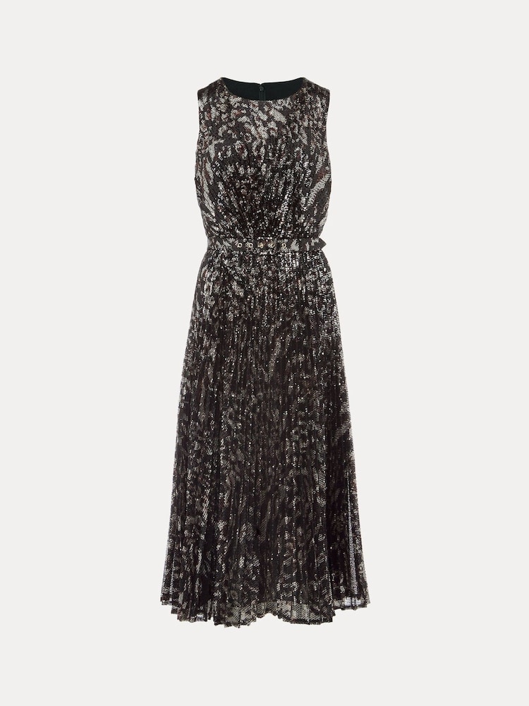 Phase Eight Black Multi Simara Leopard Sequin Pleated Midi Dress - Image 6 of 6