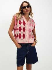 River Island Pink Knitted Argyle Waistcoat - Image 3 of 4