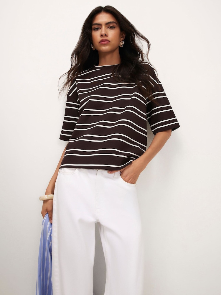 River Island Brown Stripped Boxy Clean T-Shirt - Image 1 of 3 River Island Brown Stripped Boxy Clean T-Shirt - Image 1 of 3