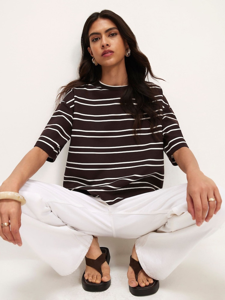 River Island Brown Stripped Boxy Clean T-Shirt - Image 2 of 3 River Island Brown Stripped Boxy Clean T-Shirt - Image 2 of 3