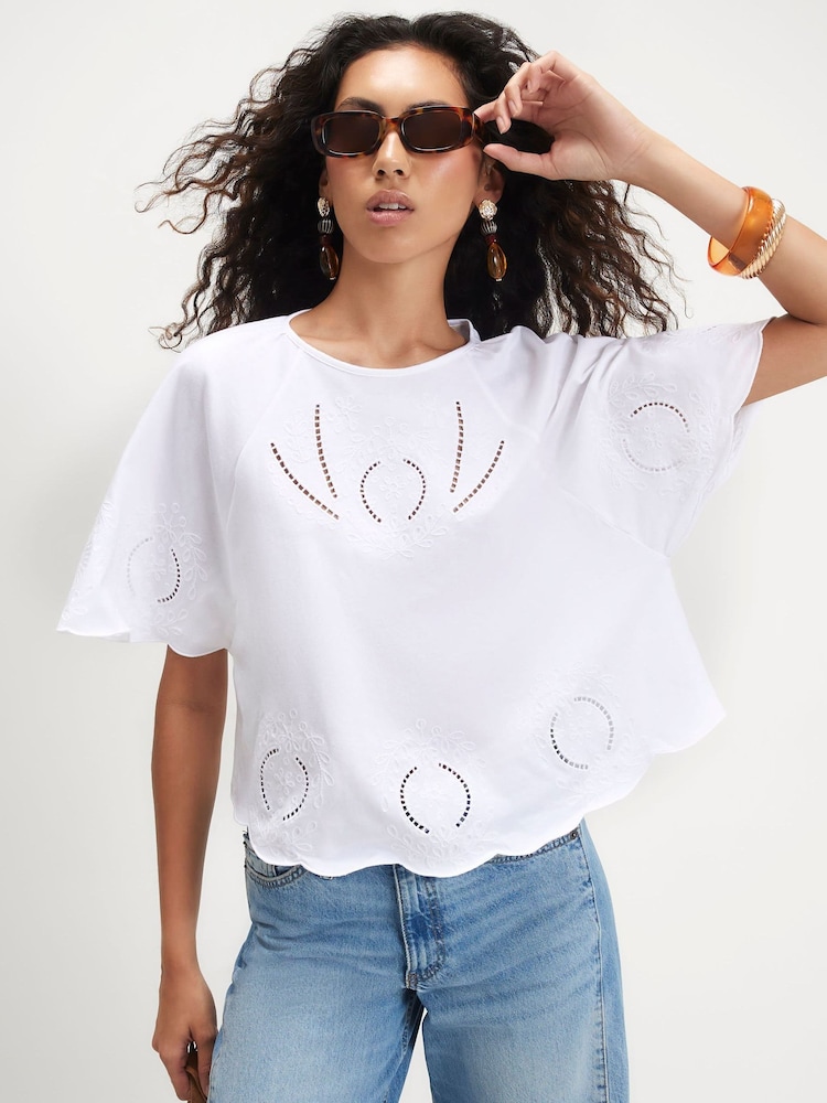 River Island White Embroidered Flirty T-Shirt - Image 1 of 4