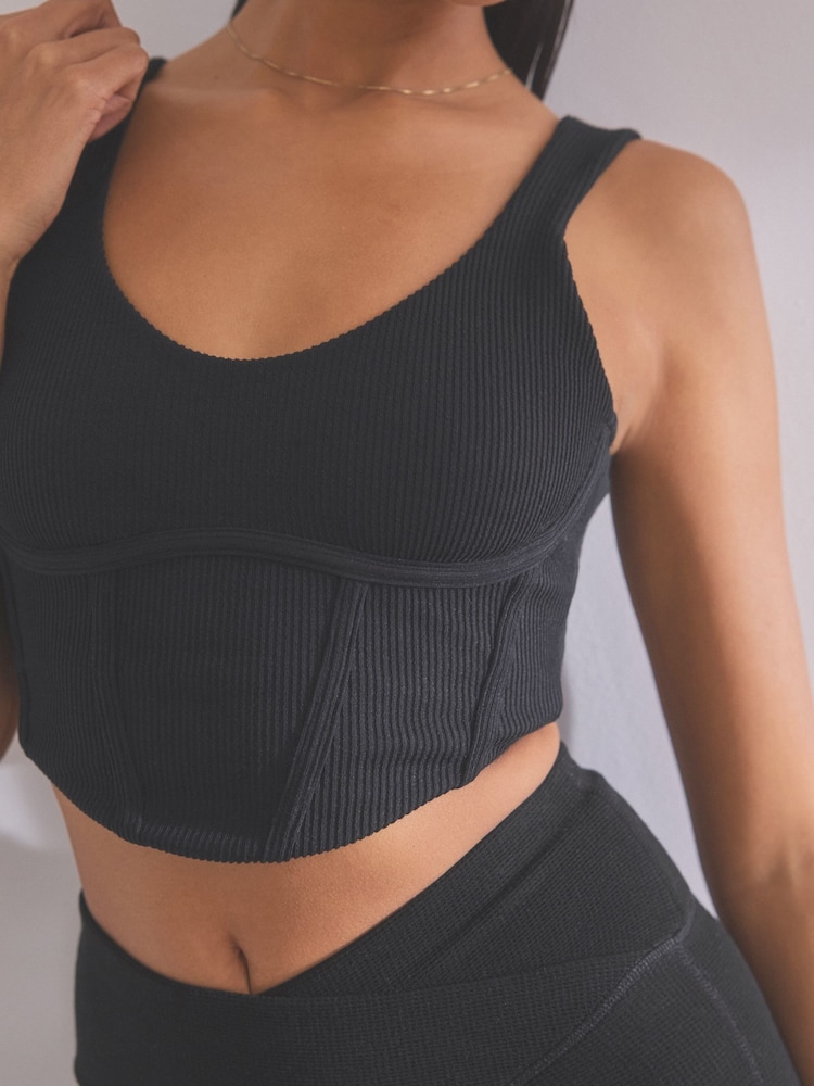 self. Black Scoop Neck Ribbed Jersey Corset Top - Image 7 of 9