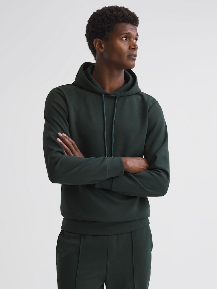 Reiss Emerald Fabien Plain Interlock Jersey Drawstring Hoodie - Image 1 of 4 Reiss Emerald Fabien Plain Interlock Jersey Drawstring Hoodie - Image 1 of 4