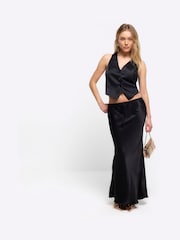 River Island Black Petite Tie Waist Bias Skirt - Image 1 of 5