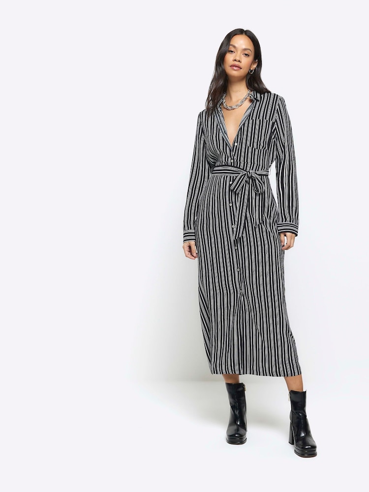 River Island Black Stripe Shirt Midi Dress - Image 1 of 4