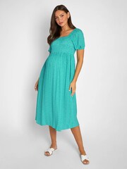 JoJo Maman Bébé Green Spot Shirred Maternity Midi Dress - Image 6 of 8