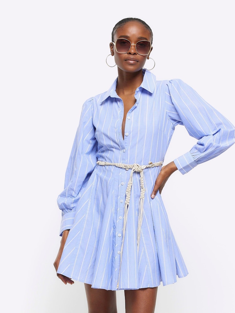 River Island Blue Stripe Belted Mini Shirt Dress - Image 1 of 4 River Island Blue Stripe Belted Mini Shirt Dress - Image 1 of 4