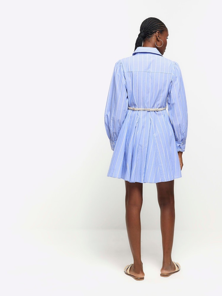 River Island Blue Stripe Belted Mini Shirt Dress - Image 2 of 4 River Island Blue Stripe Belted Mini Shirt Dress - Image 2 of 4